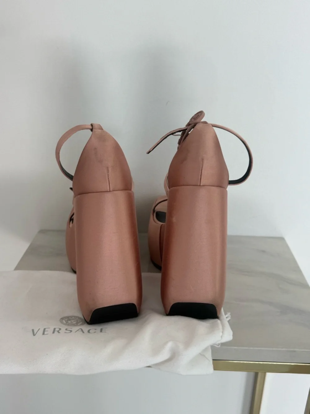 Versace Rose-Tone Platform Wedge Sandals with Ankle Strap - Picture 2 of 5